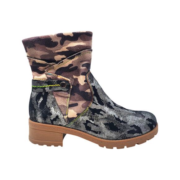 Spring Step L'ARTISTE Camo Fashion Boot Genuine Leather Black Beige Size 38/ 8 - Picture 1 of 11
